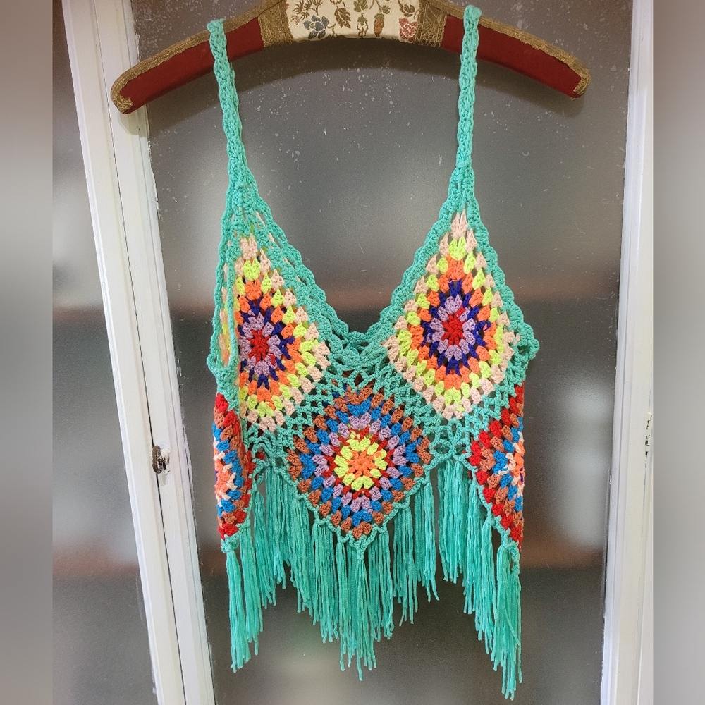 Handmade Colorful Crochet Fringe Top Babydoll Romantic Y2K Festival Fairy - Picture 3 of 6